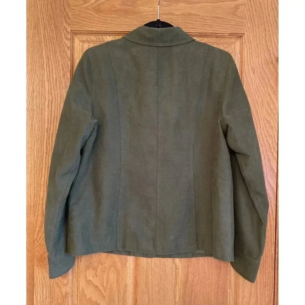 Studio Works Women's Green Button Front Suede Jacket Sz 12 Pockets Collared